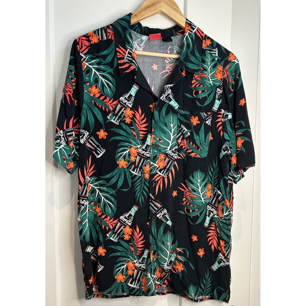 Coca-Cola Mens Hawaiian Tropical Floral‎ Button Down Shirt Black Coke Bottle L